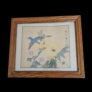 Asian Watercolor Silk Painting Bird Flowers Framed Signed Art